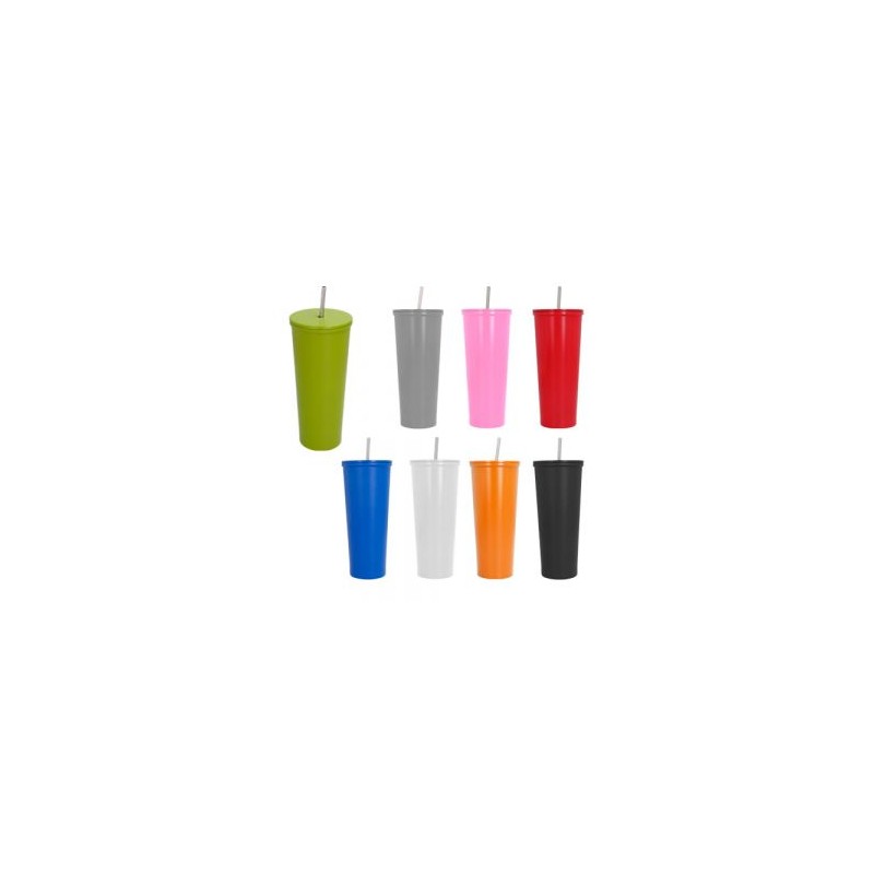 Termo de acero inoxidable con doble pared insulado al vacío. Incluye popote metálico.