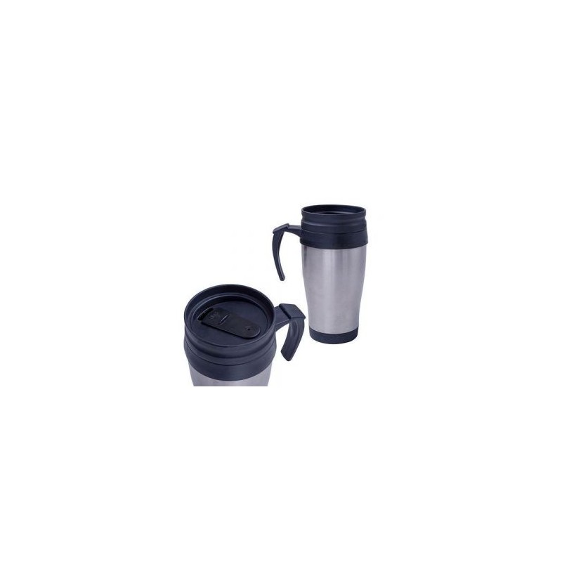 Termo de acero inoxidable con interior de plástico, incluye tapa con rosca que evita derrames y boquilla de seguridad.