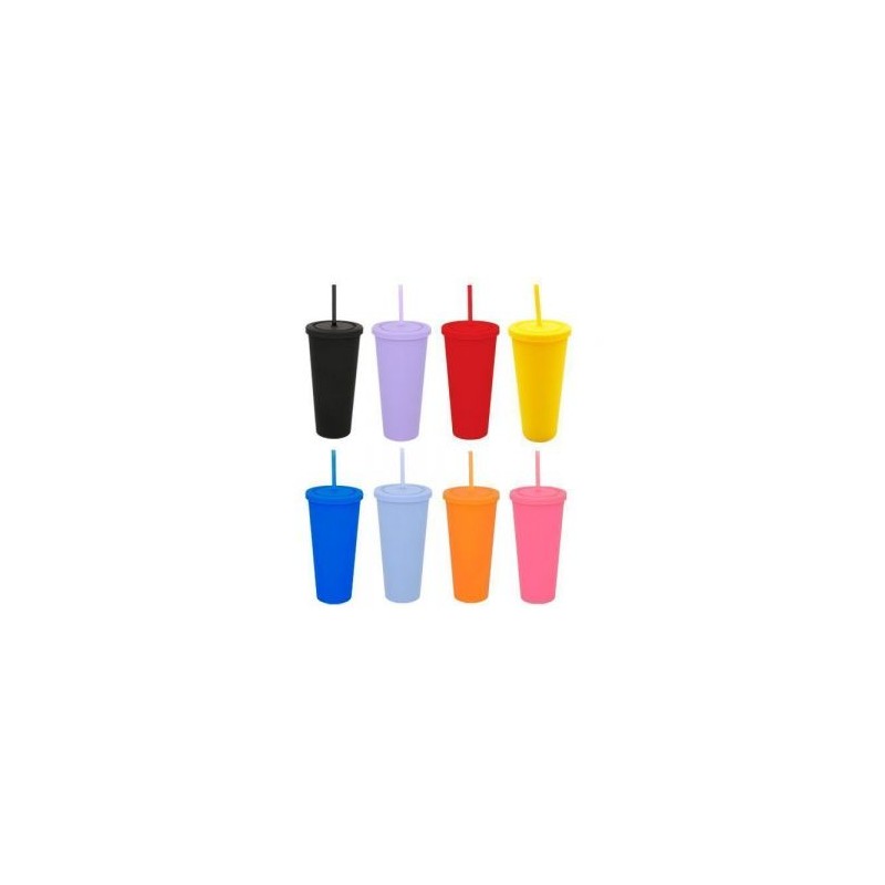 Vaso de plástico con doble pared, tapa enroscable y acabado rubber, incluye popote de plástico.