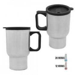 Termo con doble pared de acero inoxidable e interior de plástico, adaptable al portavasos de tu auto, con asa y tapa de plástico