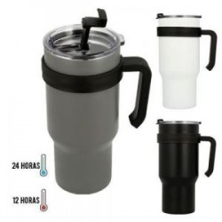 Termo de acero inoxidable de doble pared insulado al vacío, cuenta con asa lateral para mayor comodidad y tapa de cierre a presi