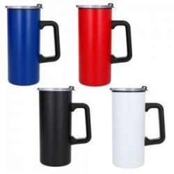 Termo de doble pared con exterior de acero inoxidable e interior de plástico. Incluye tapa de cierre a presión.