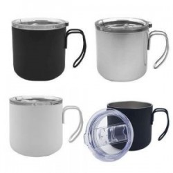 Taza con doble pared de acero inoxidable, asa metálica y tapa traslúcida de cierre a presión con seguro deslizable y boquilla. I