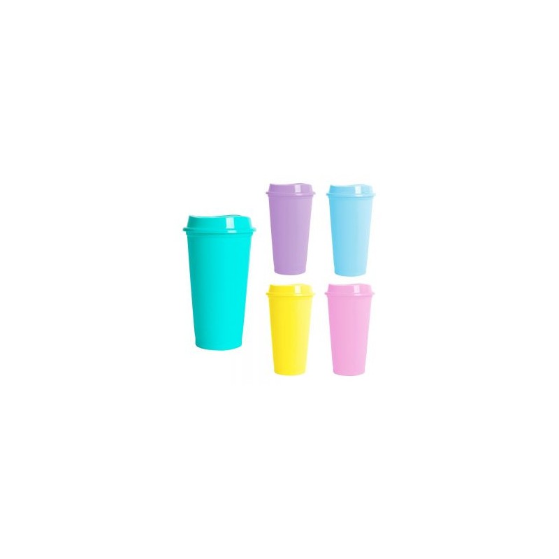 Vaso plástico con colores pastel de una pared con tapa a presión.