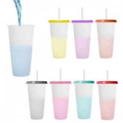 Vaso de plástico con acabado frost degradado y tapa solida. (Incluye popote).