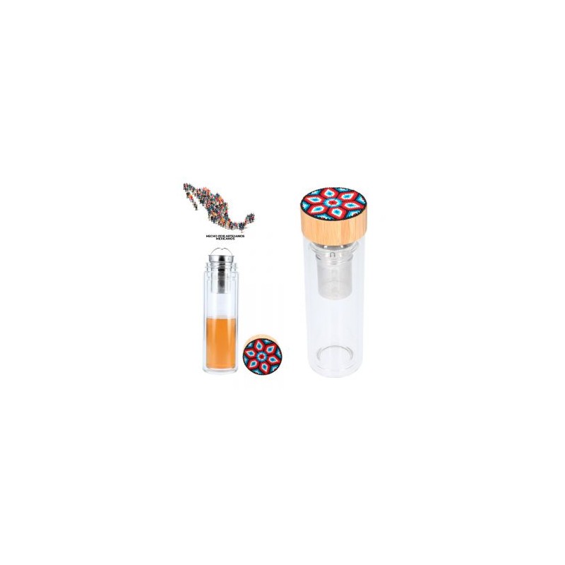 Termo con doble pared de vidrio, infusor de metal y tapa enroscable de bambú. EDICIÓN HUICHOL.