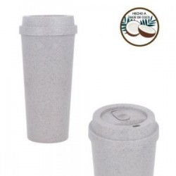 Termo de RPET con doble pared y tapa hecha a base de coco enroscable con seguro deslizable.