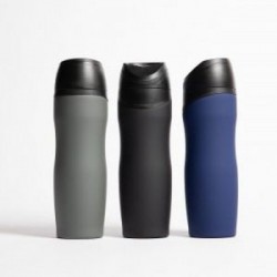 Termo de acero inoxidable de doble pared insulada al vacío. Terminado Rubber y tapa con cierre de rosca con botón pulsador para 